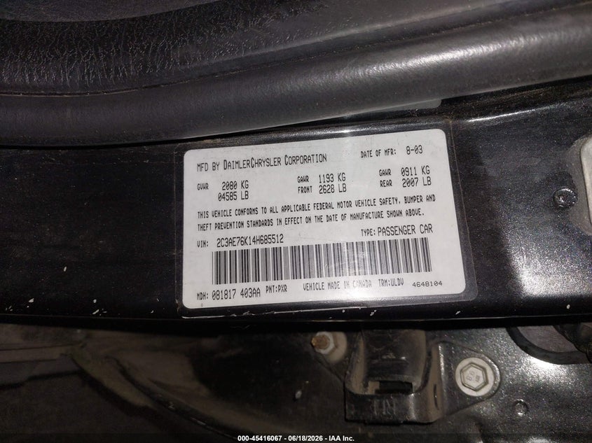 2004 Chrysler 300M Special VIN: 2C3AE76K14H685512 Lot: 45416067