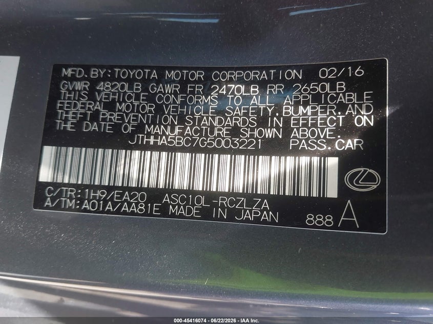 2016 Lexus Rc 200T VIN: JTHHA5BC7G5003221 Lot: 45416074