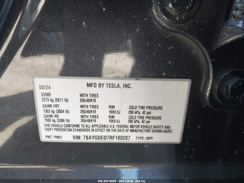 2024 Tesla Model Y Long Range Single Motor Rear-Wheel Drive/Rwd VIN: 7SAYGDED7RF180287 Lot: 45416098