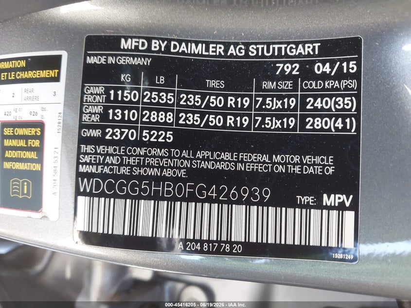 2015 Mercedes-Benz Glk 350 VIN: WDCGG5HB0FG426939 Lot: 45416205