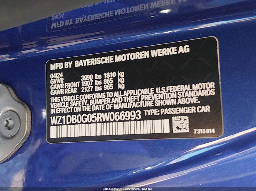 2024 Toyota Gr Supra 3.0 Premium VIN: WZ1DB0G05RW066993 Lot: 45416262