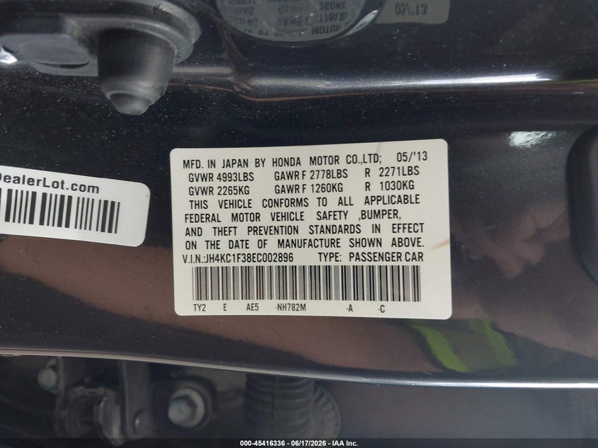2014 Acura Rlx VIN: JH4KC1F38EC002896 Lot: 45416336