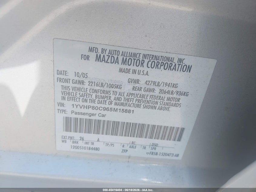 2006 Mazda Mazda6 Grand Touring I VIN: 1YVHP80C965M15881 Lot: 45416404