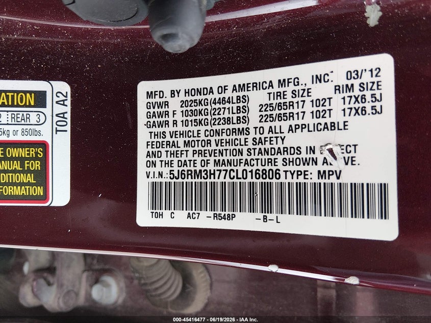 2012 HONDA CR-V SPORT UTILITY VEHICLE 2.4L I-4 DOHC, VVT, 185HP