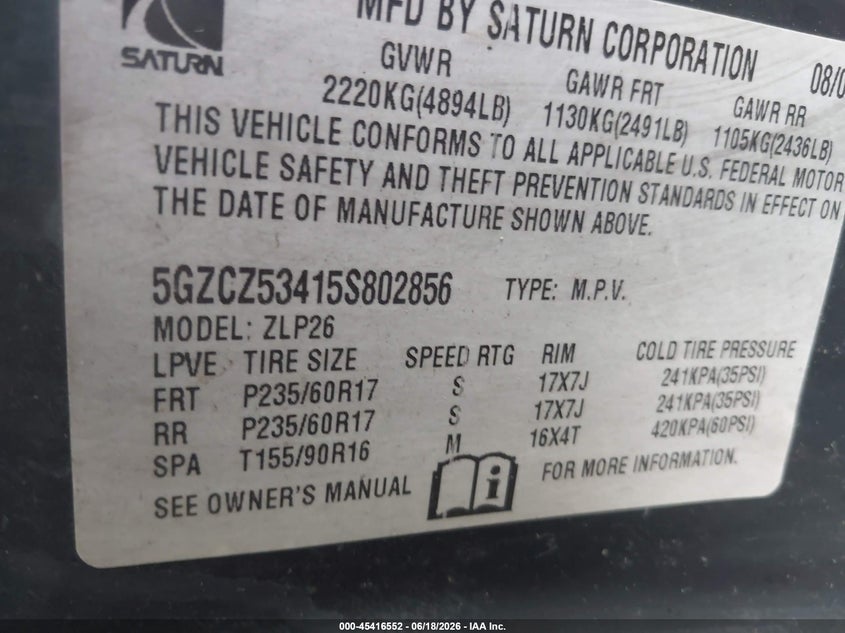 2005 Saturn Vue V6 VIN: 5GZCZ53415S802856 Lot: 45416552