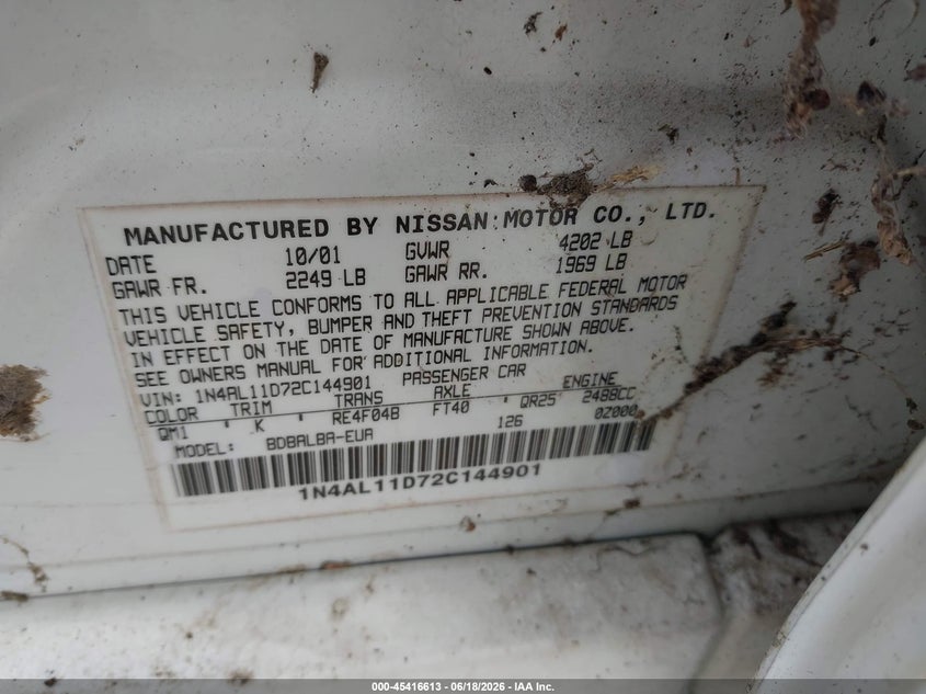 2002 NISSAN ALTIMA SEDAN 2.5L I-4 DOHC, VVT, 175HP