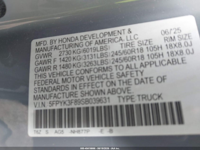 VIN 5FPYK3F89SB039631 2025 HONDA RIDGELINE BLACK EDITION