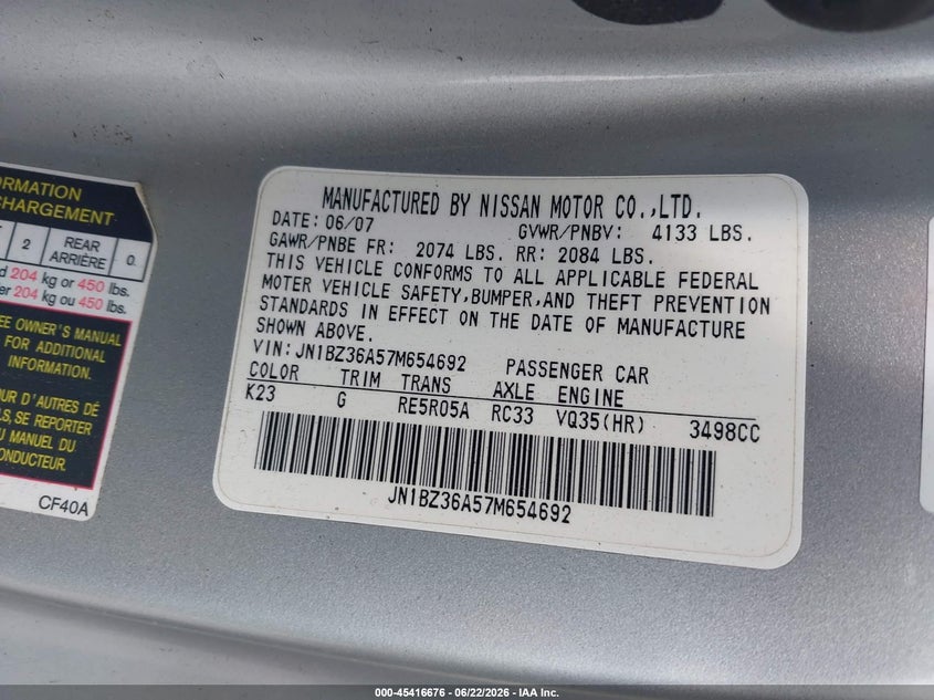 2007 Nissan 350Z Touring VIN: JN1BZ36A57M654692 Lot: 45416676