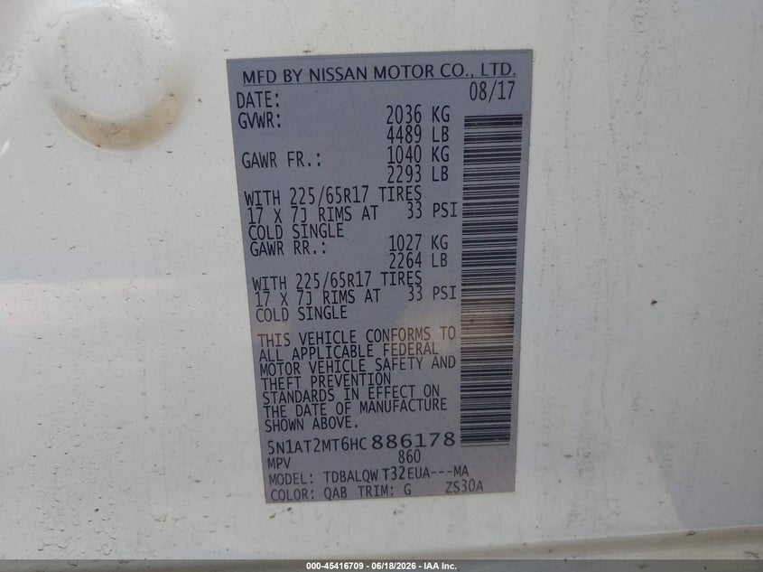 NISSAN ROGUE 2017 VIN 5N1AT2MT6HC886178