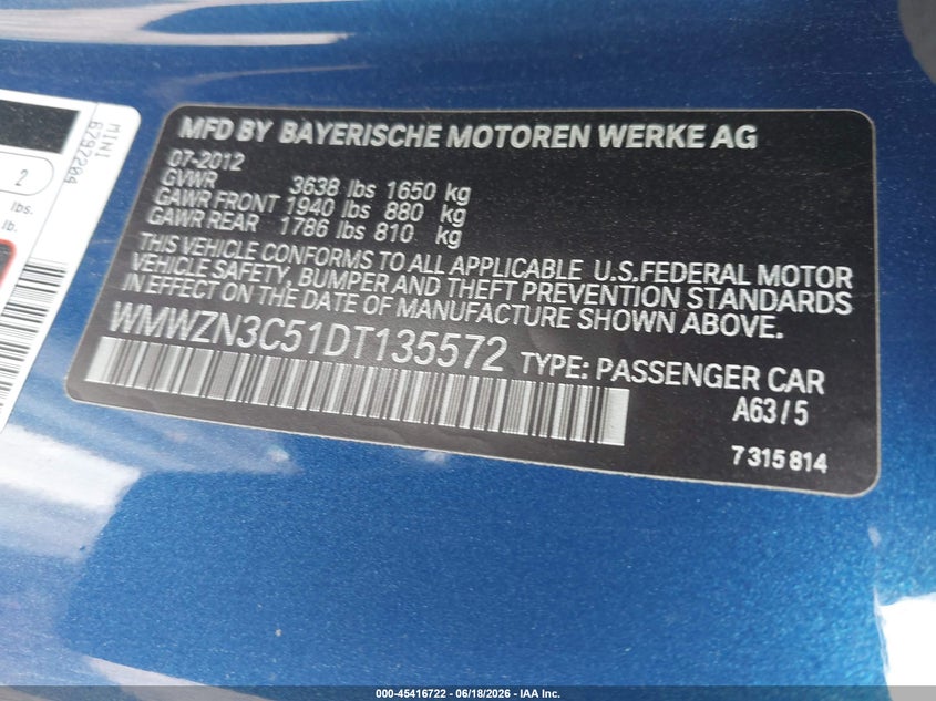 MINI CONVERTIBLE 2013 VIN WMWZN3C51DT135572