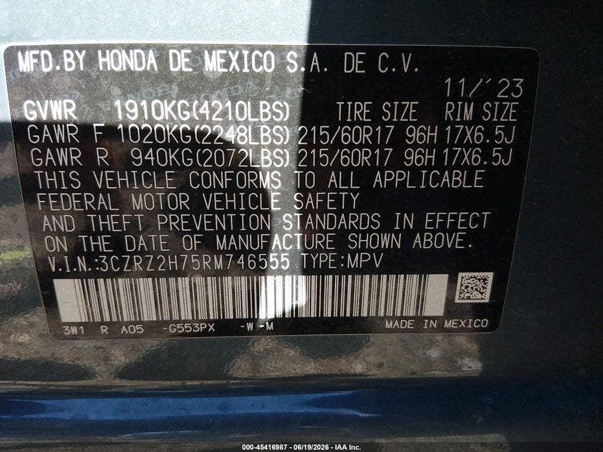 VIN 3CZRZ2H75RM746555 2024 HONDA HR-V AWD EX-L/AWD EX-L W/O BSI
