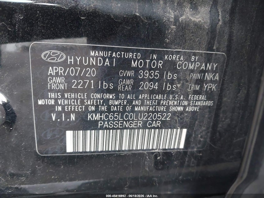 2020 Hyundai Ioniq Hybrid Blue VIN: KMHC65LC0LU220522 Lot: 45416992