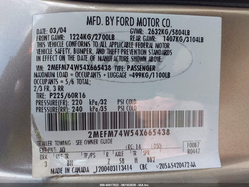 2004 Mercury Grand Marquis Gs VIN: 2MEFM74W54X665438 Lot: 45417022