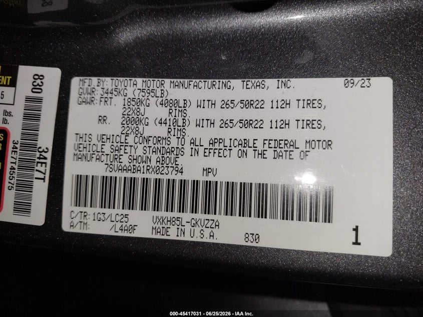 2024 Toyota Sequoia Capstone VIN: 7SVAAABA1RX023794 Lot: 45417031
