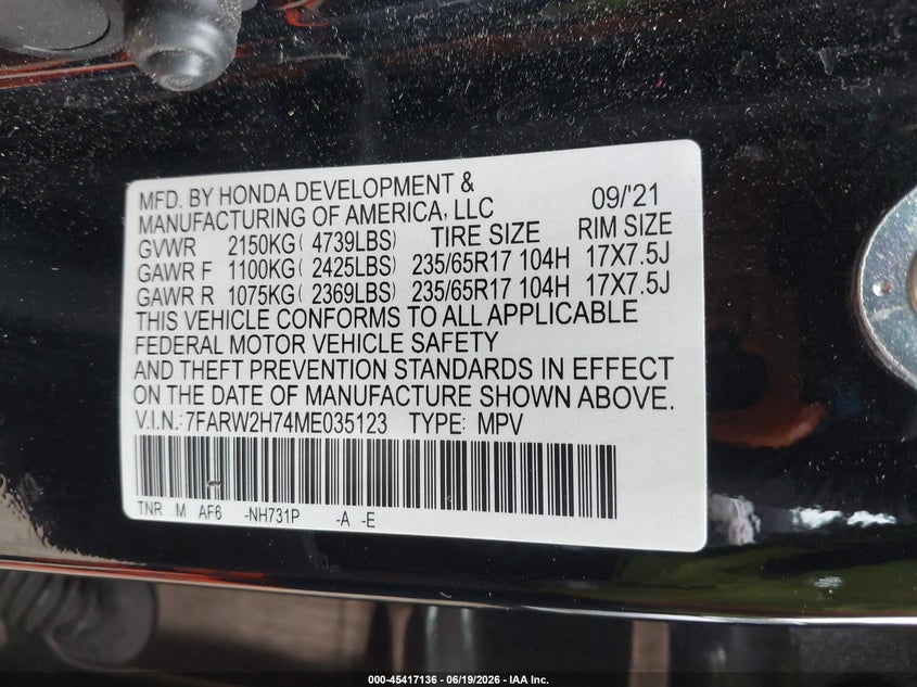VIN 7FARW2H74ME035123 2021 HONDA CR-V AWD SPECIAL EDITION