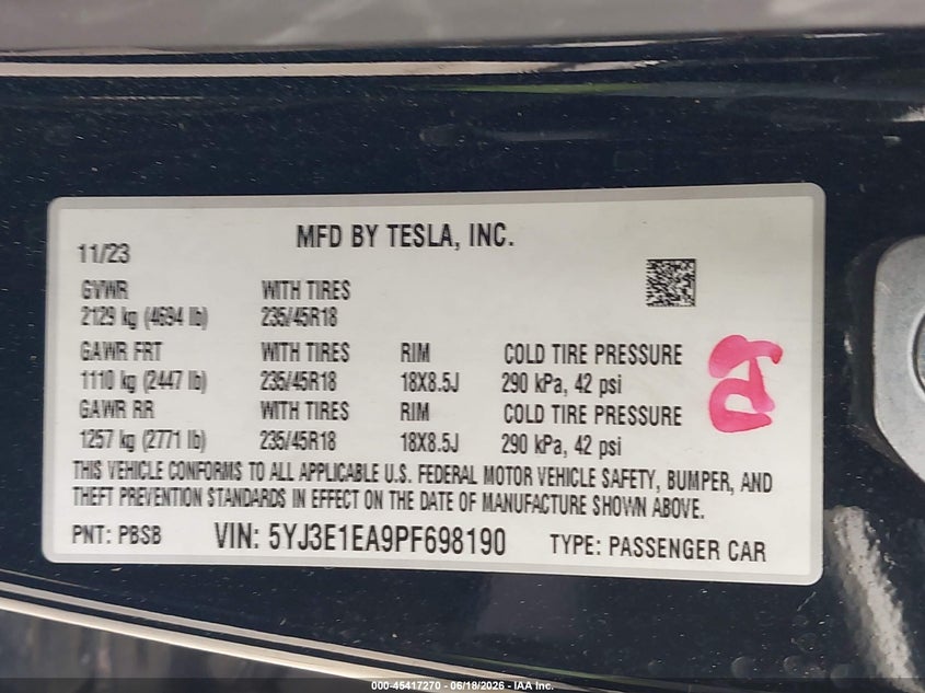 2023 Tesla Model 3 Rear-Wheel Drive VIN: 5YJ3E1EA9PF698190 Lot: 45417270
