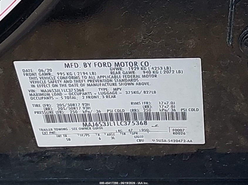 VIN MAJ6S3JL1LC375368 2020 FORD ECOSPORT SES