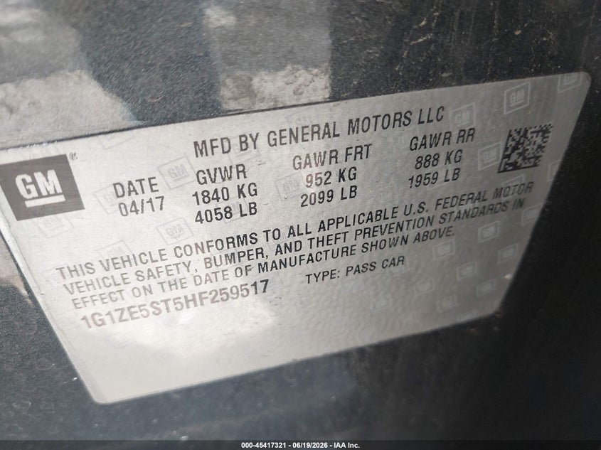 2017 CHEVROLET MALIBU SEDAN 1.5L I-4 DI, DOHC, VVT, TURBO, 160HP