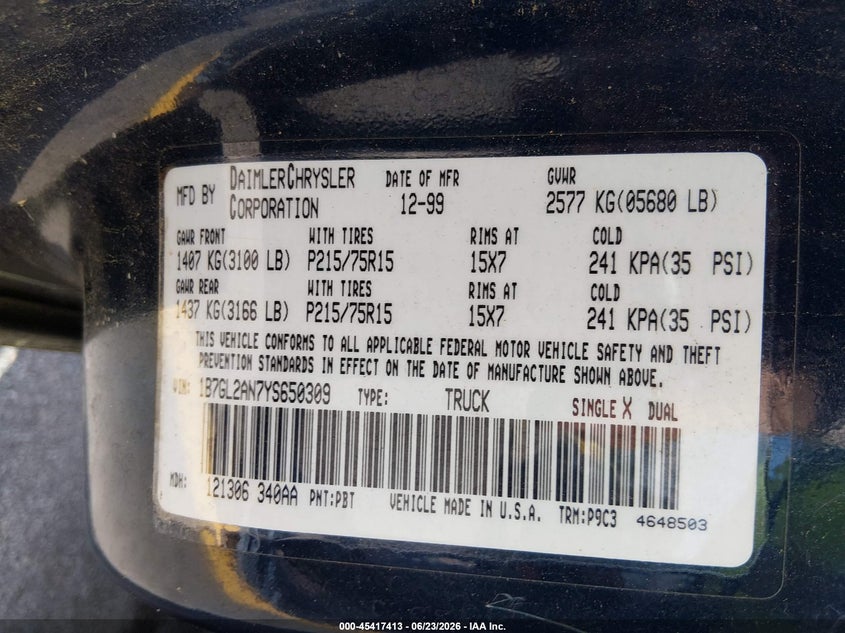 2000 Dodge Dakota Quad VIN: 1B7GL2AN7YS650309 Lot: 45417413