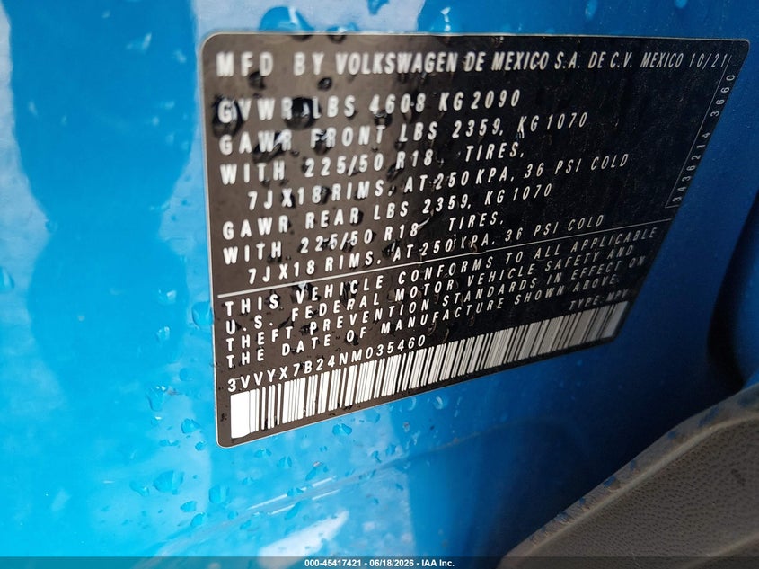 2022 Volkswagen Taos 1.5T Se VIN: 3VVYX7B24NM035460 Lot: 45417421