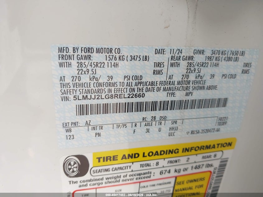 2024 Lincoln Navigator Reserve VIN: 5LMJJ2LG8REL22660 Lot: 45417483