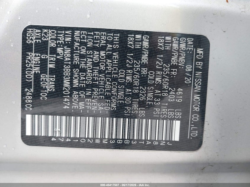 VIN JN8AT3BB3MW201474 2021 NISSAN ROGUE SV INTELLIGENT AWD