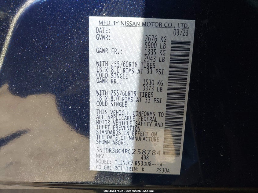 2023 Nissan Pathfinder Sv 4Wd VIN: 5N1DR3BC4PC258784 Lot: 45417522