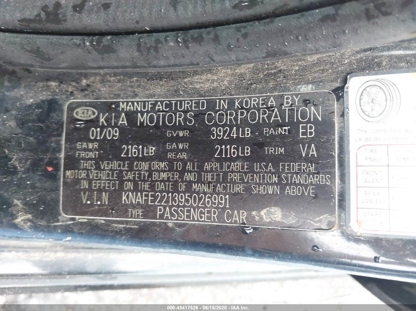 2009 Kia Spectra Sx VIN: KNAFE221395026991 Lot: 45417526
