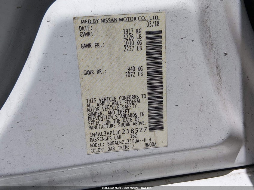 VIN 1N4AL3AP1JC218527 2018 NISSAN ALTIMA 2.5 SR
