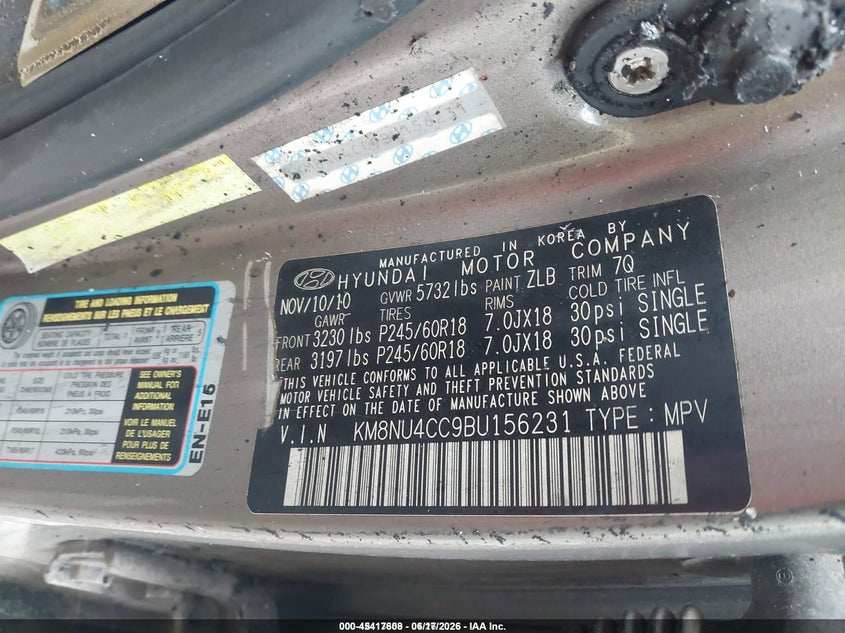 2011 Hyundai Veracruz Limited VIN: KM8NU4CC9BU156231 Lot: 45417608