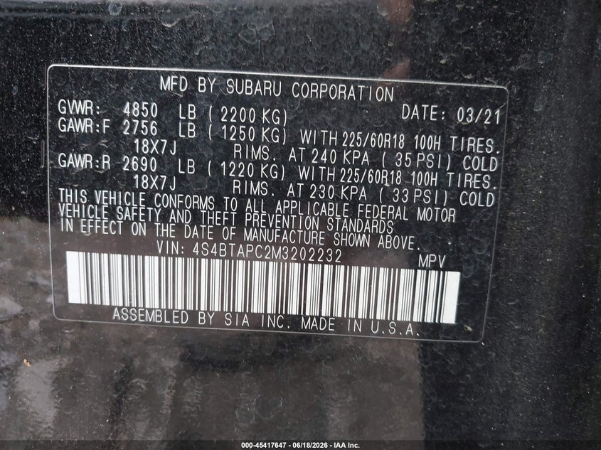 2021 SUBARU OUTBACK SPORT UTILITY VEHICLE 2.5L H-4 DI, DOHC, VVT, 182HP