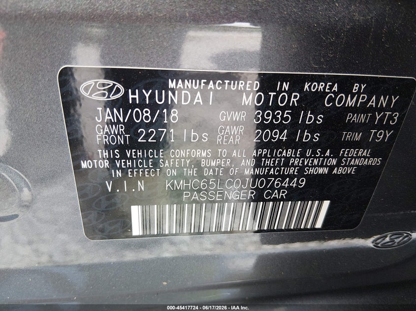 2018 Hyundai Ioniq Hybrid Blue VIN: KMHC65LC0JU076449 Lot: 45417724