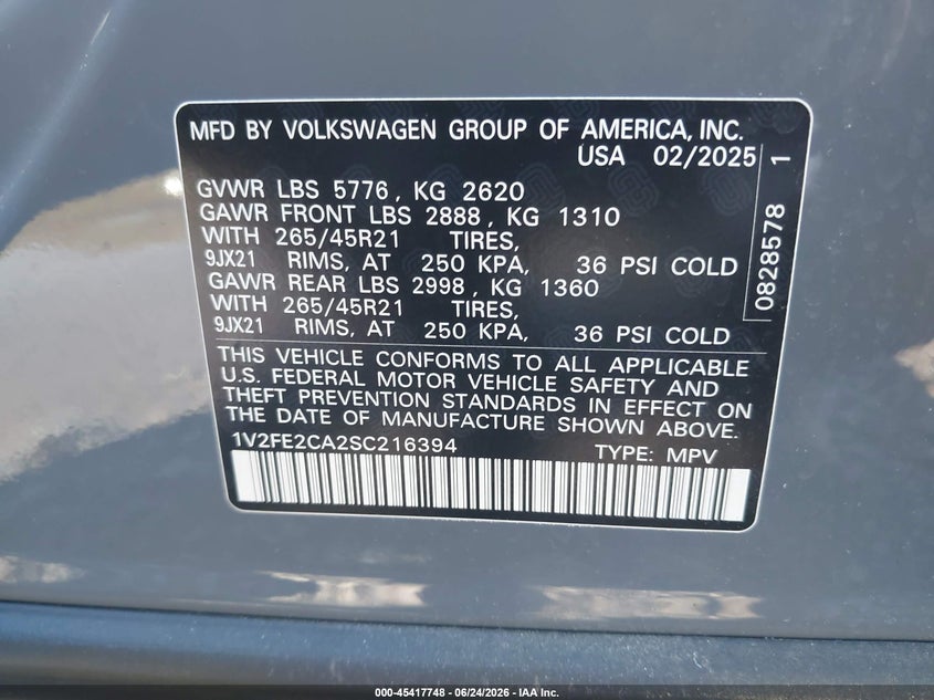 2025 Volkswagen Atlas Cross Sport 2.0T Sel Premium R-Line VIN: 1V2FE2CA2SC216394 Lot: 45417748