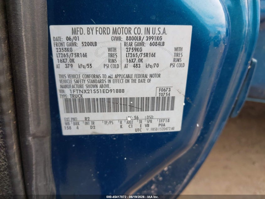 FORD F-250 2001 VIN 1FTNX21S51ED91888
