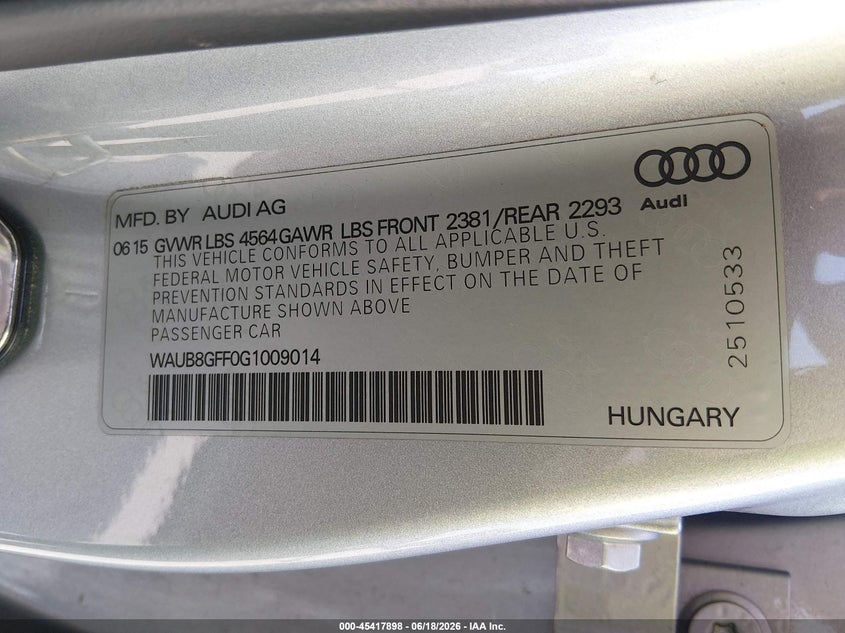 2016 Audi A3 2.0T Premium VIN: WAUB8GFF0G1009014 Lot: 45417898