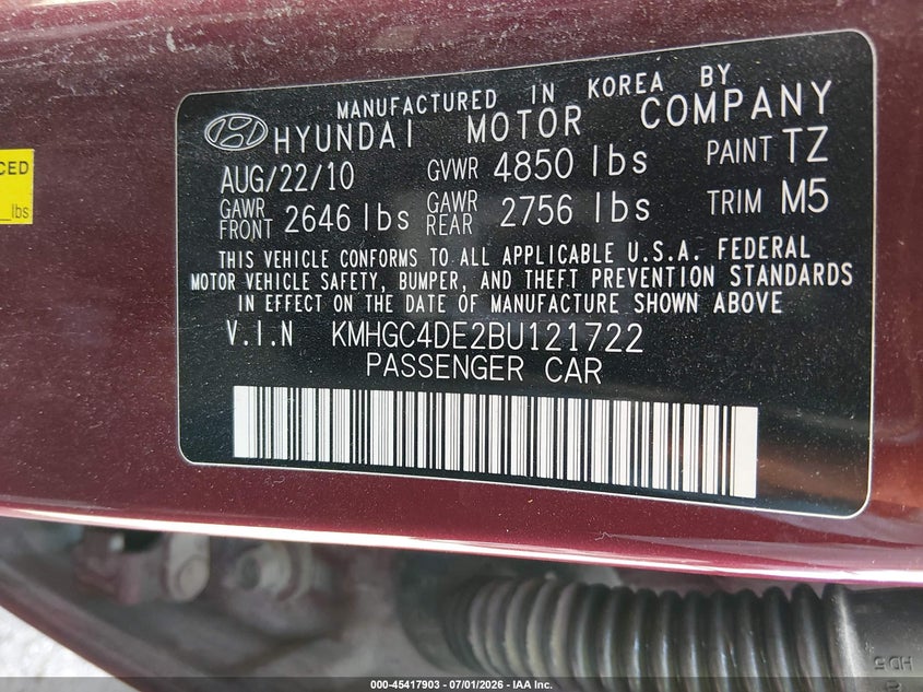 2011 Hyundai Genesis 3.8 VIN: KMHGC4DE2BU121722 Lot: 45417903