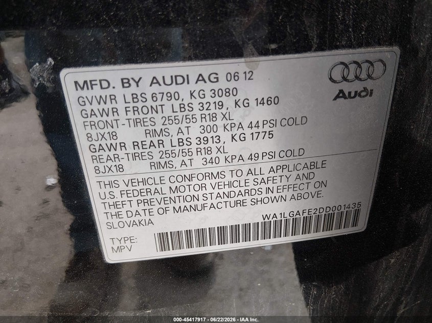 2013 Audi Q7 3.0T Premium VIN: WA1LGAFE2DD001435 Lot: 45417917