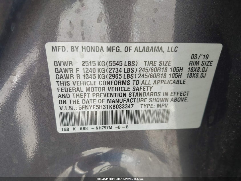 2019 HONDA PILOT SPORT UTILITY VEHICLE 3.5L V-6 DI, VVT, 280HP