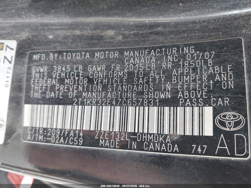 2007 Toyota Matrix VIN: 2T1KR32E47C657831 Lot: 45418040