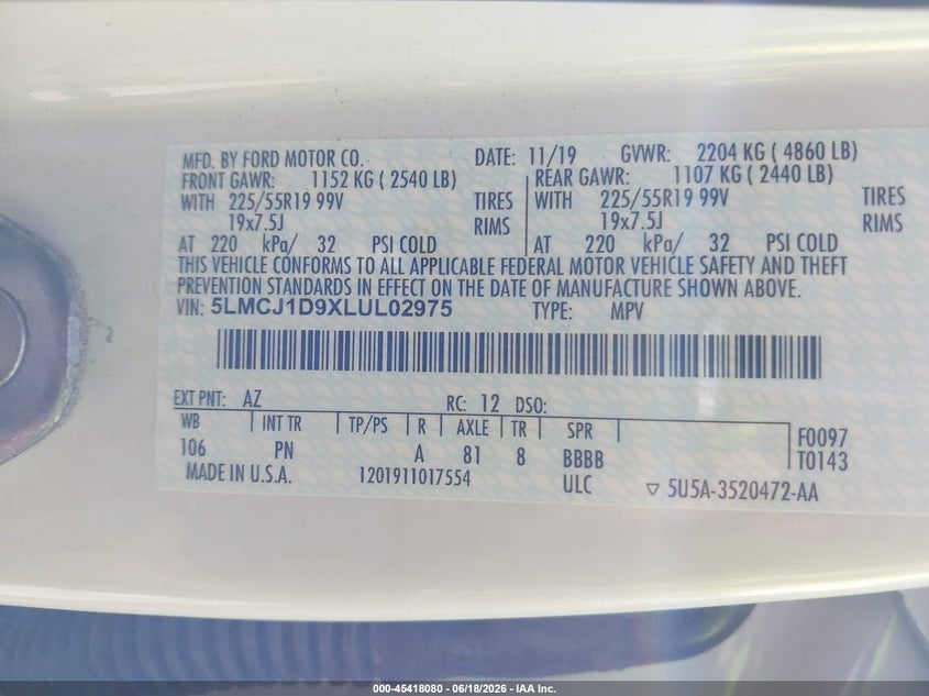 2020 Lincoln Corsair Standard VIN: 5LMCJ1D9XLUL02975 Lot: 45418080