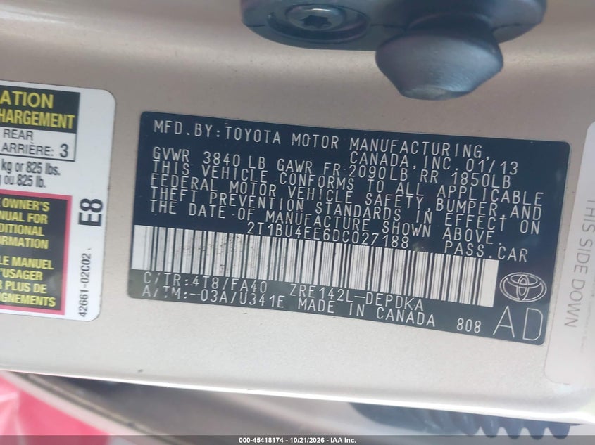 TOYOTA COROLLA 2013 VIN 2T1BU4EE6DC027188
