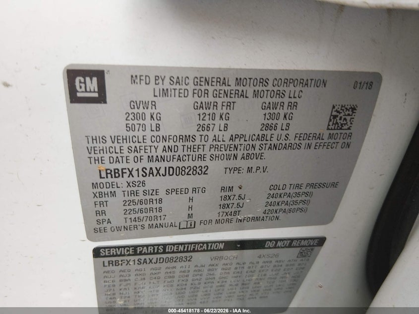 VIN: LRBFX1SAXJD082832 2018 BUICK ENVISION ESSENCE