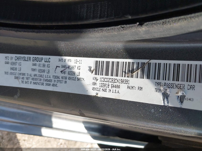 2012 Dodge Avenger Sxt VIN: 1C3CDZCB3CN190391 Lot: 45418223