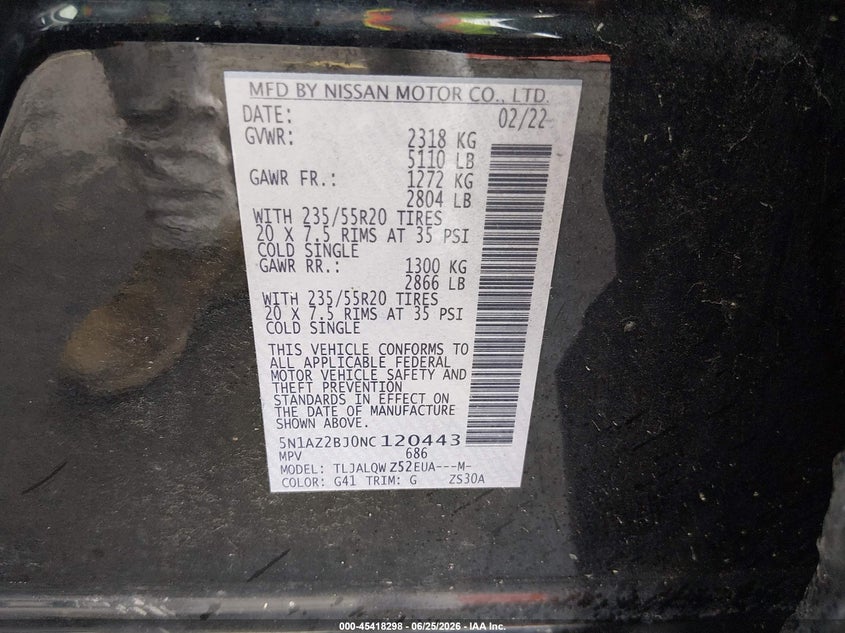 2022 Nissan Murano Sv Fwd VIN: 5N1AZ2BJ0NC120443 Lot: 45418298