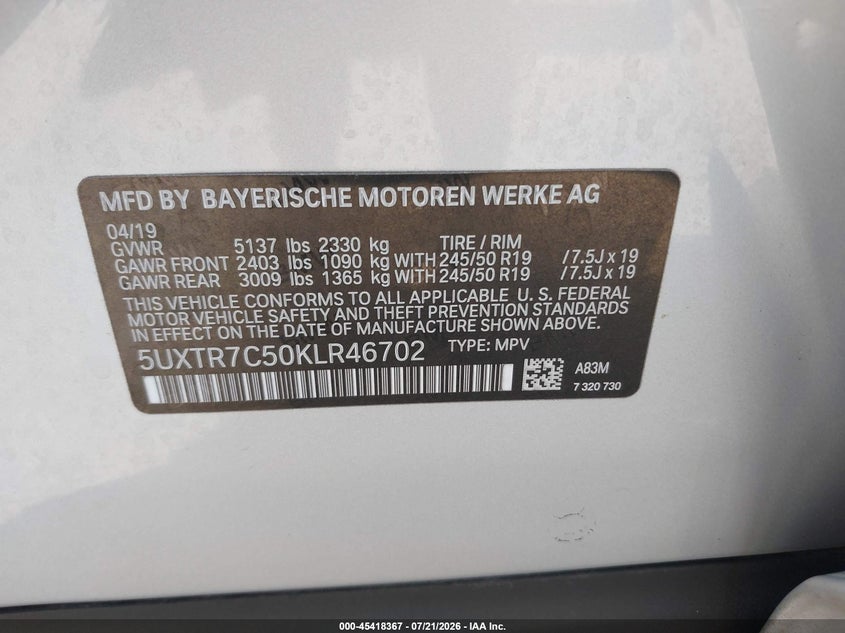 2019 BMW X3 Sdrive30I VIN: 5UXTR7C50KLR46702 Lot: 45418367