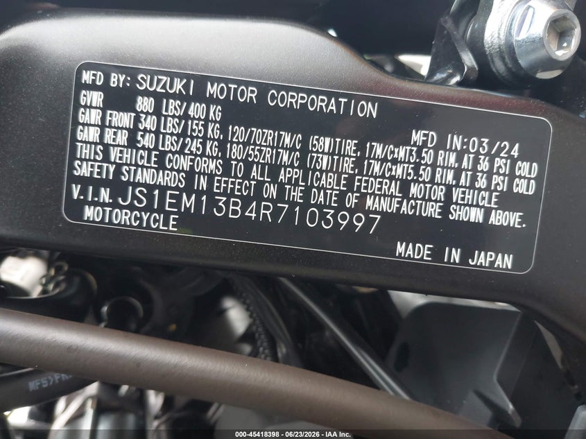 2024 Suzuki Gsx800 F VIN: JS1EM13B4R7103997 Lot: 45418398