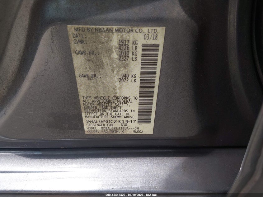 VIN 1N4AL3AP0JC231947 2018 NISSAN ALTIMA 2.5 S