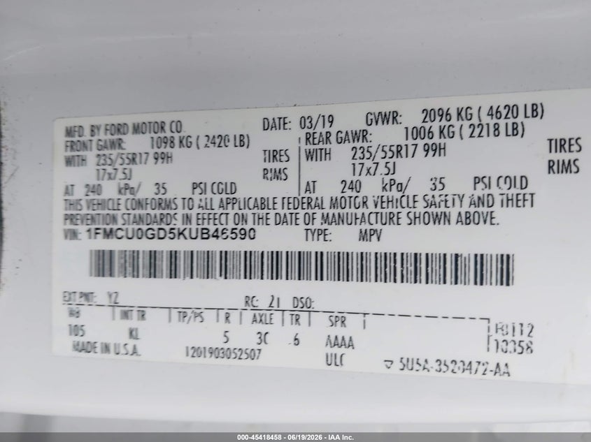 VIN 1FMCU0GD5KUB46590 2019 FORD ESCAPE SE