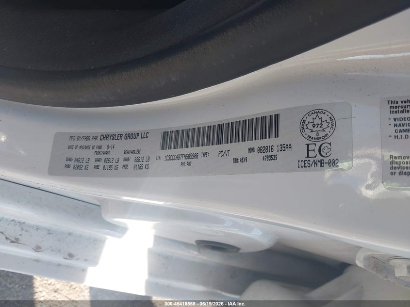 CHRYSLER 200 2015 VIN 1C3CCCAB7FN585908