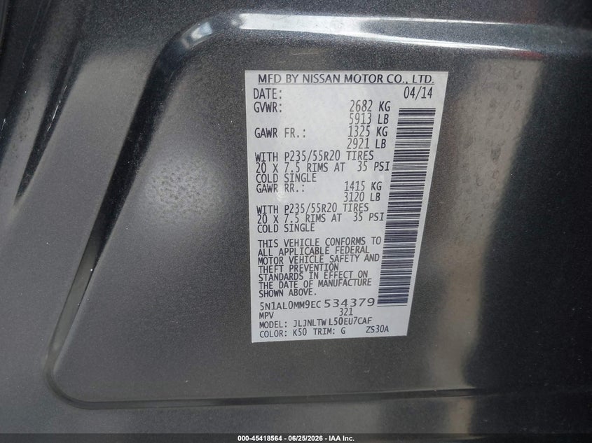2014 Infiniti Qx60 VIN: 5N1AL0MM9EC534379 Lot: 45418564